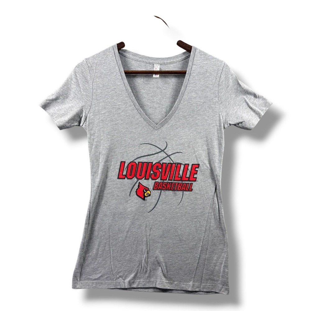 Louisville Cardinals Basketball V-Neck Graphic T-Shirt Gray Womens Medium